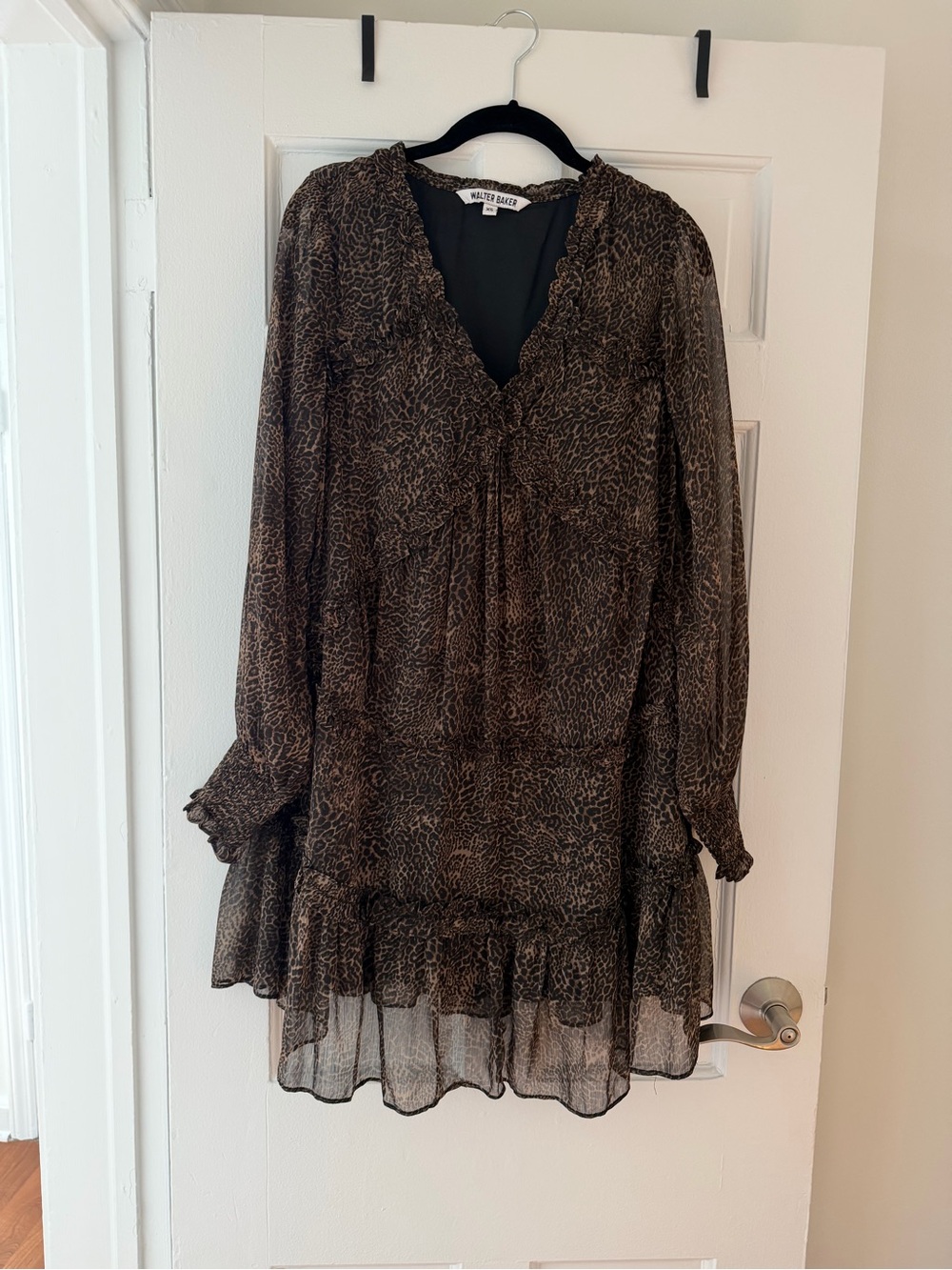 Walter Baker Brown leopard printed Chiffon Long-Sleeve Dress
